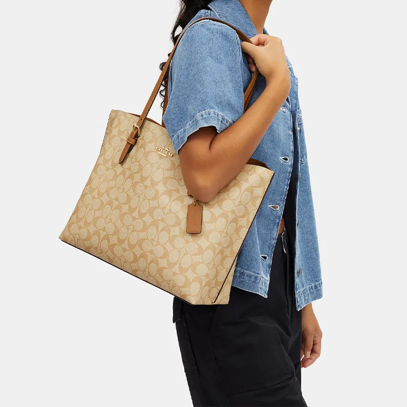 COACH Mollie Coated Canvas With Leather Tote Bag, Shopping Bag, Handbag, Shoulder Bag Tubas Women's Light Khaki-4