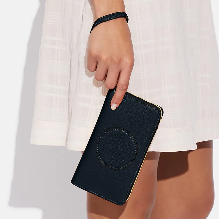 COACH Dempsey Solid Color Monochrome Leather Cell Phone Pouch Card Holder Long Wallet Women's Midnight Marine Blue-4