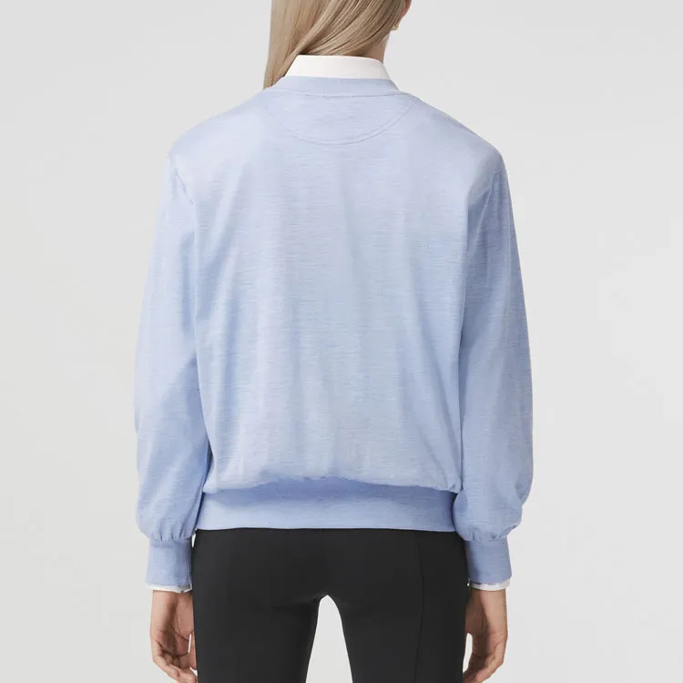 Burberry Long Sleeve Monogram Motif Silk Cotton Top Light Blue-3