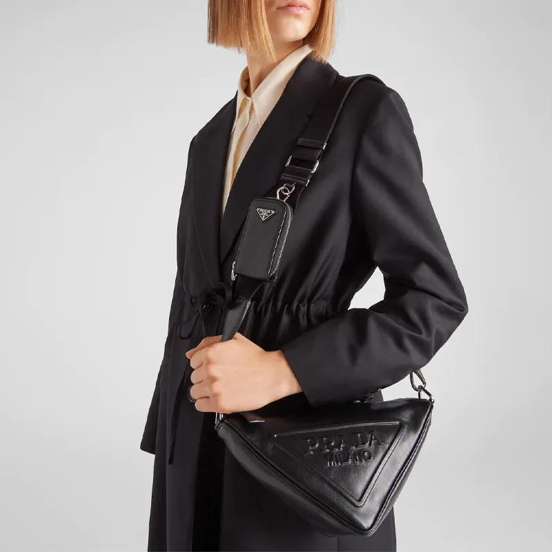 PRADA Triangle Leather Shoulder Bag Black-4