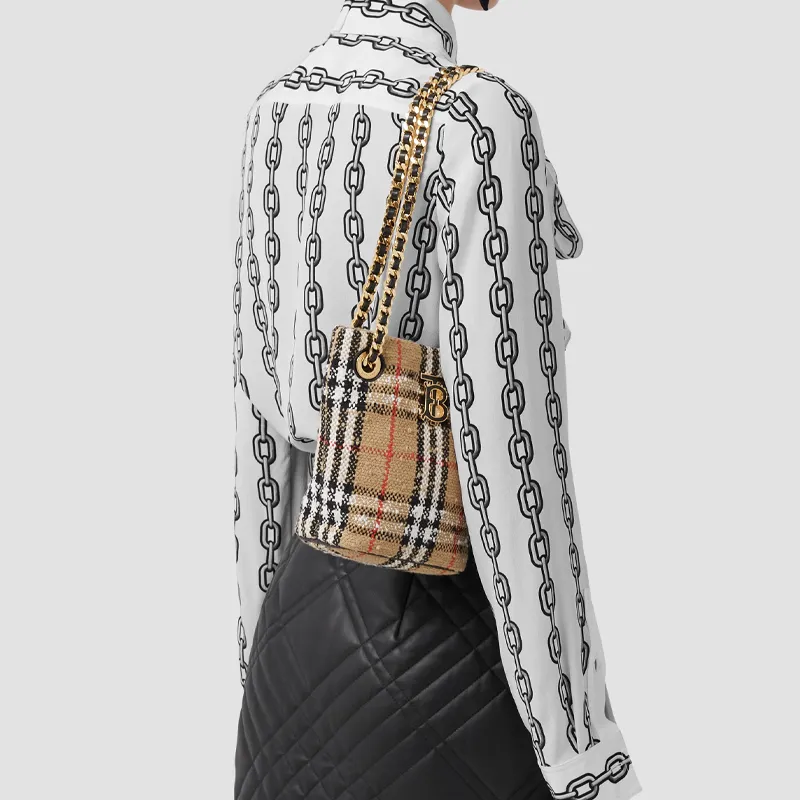 Burberry Vintage Cowhide Cotton Polyamide Wool Loena Bucket Bag Handbag Shoulder Bag Crossbody Bag Mini Women's Beige-9