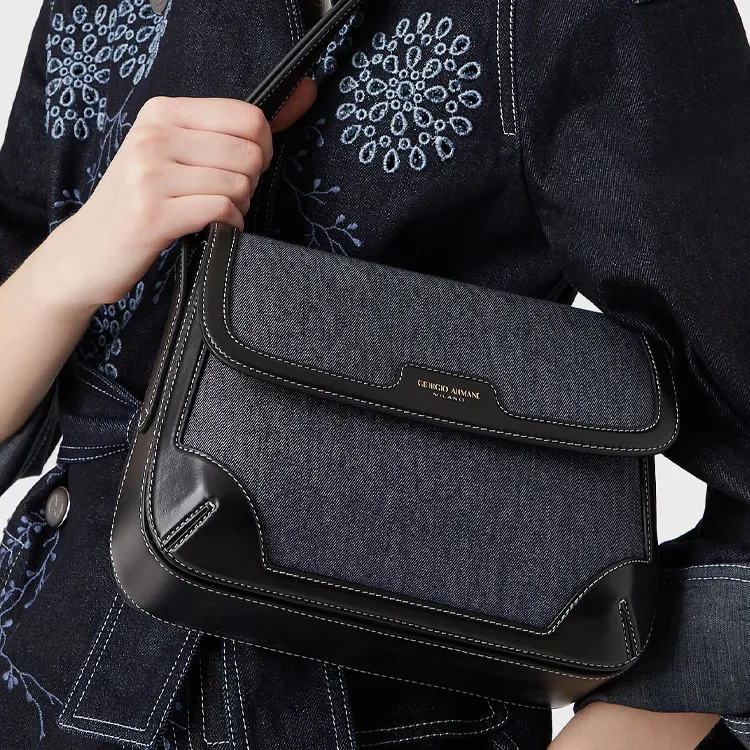 AMANI Fabric With Leather Handbag Shoulder Bag Women's Blue-5