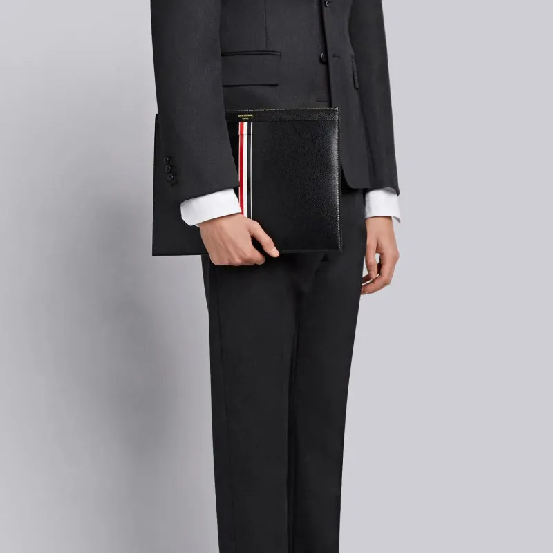 THOM BROWNE· Eggstone Grain Leather Document Bag Clutches Men's Black-3