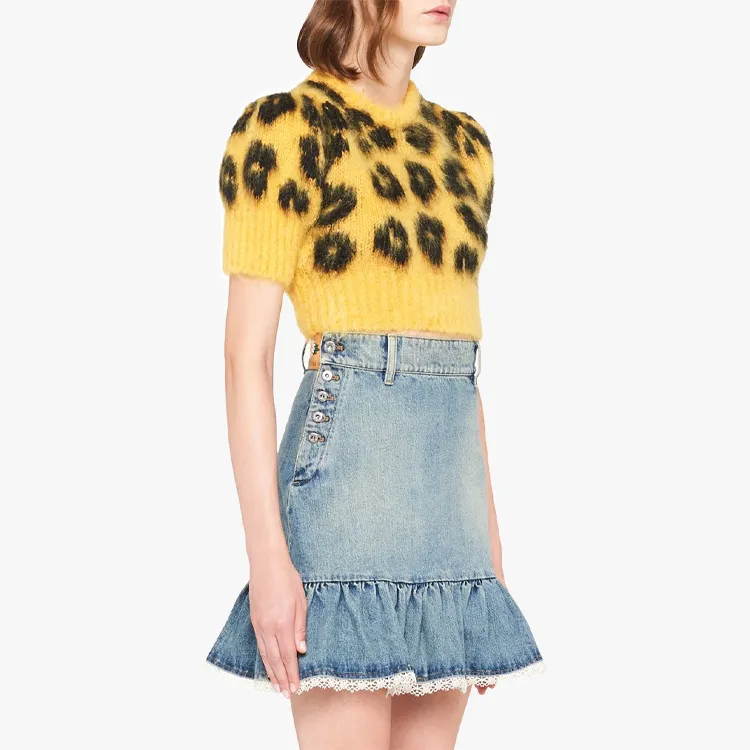 MIU MIU Women's Leopard Knit Cropped Wool Sweater Yellow-3
