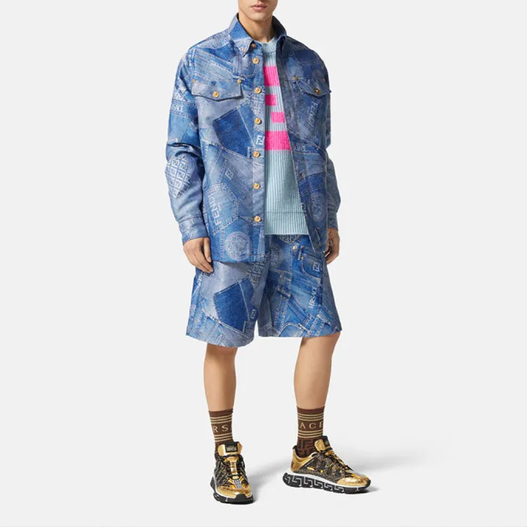 Fendi X VERSACE Denim Jackets Men Light Blue-3