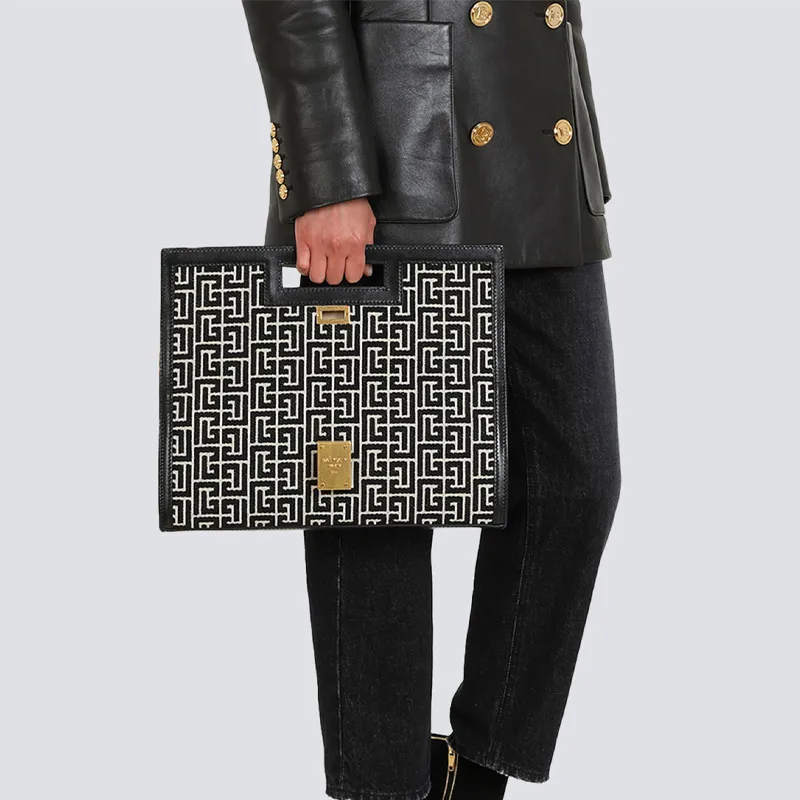 BALMAIN 1945HERITAGE Jacquard Calfskin Trim Handheld Shoulder Bag Women's Black White-5