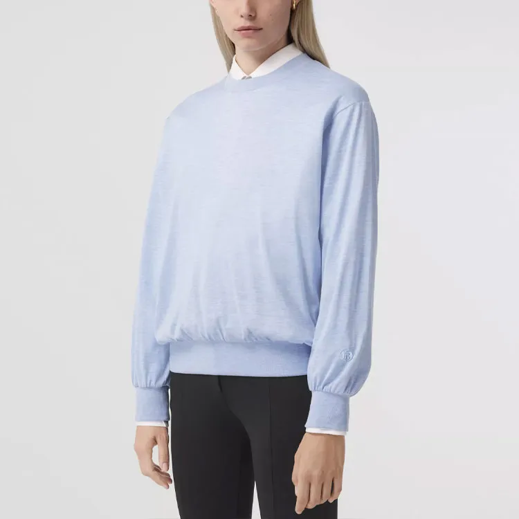 Burberry Long Sleeve Monogram Motif Silk Cotton Top Light Blue-4