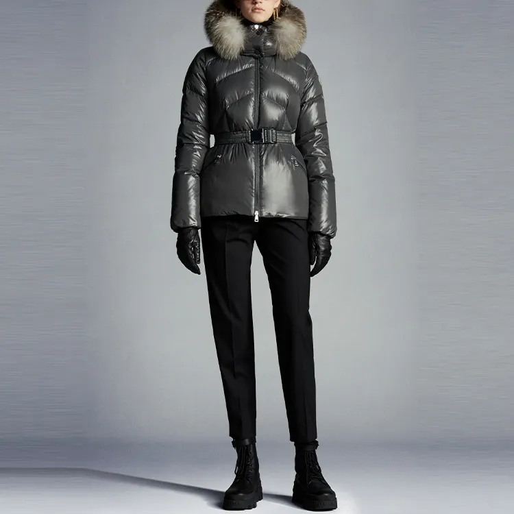 Moncler Solid Color Hooded Down Jacket Women's Dark Gray-1