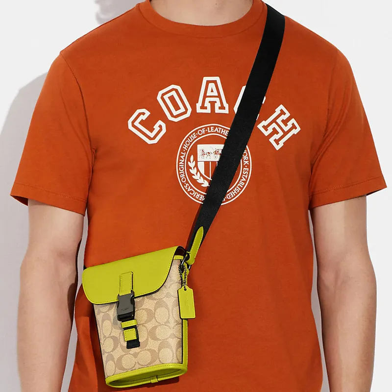 COACH Track Canvas With Calfskin Shoulder Bag, Crossbody Bag Small Size Men's Lemon & Khaki-3