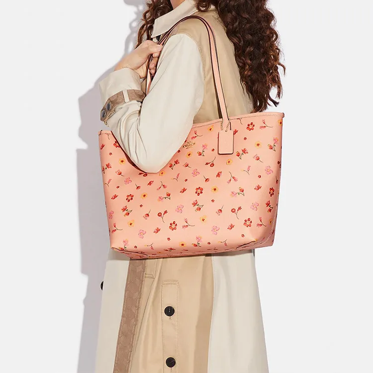 COACH City PVC With Skin Tote Bag, Shopping Bag, Handbag, Shoulder Bag Women's Pink Patchwork Floral All over Print-5