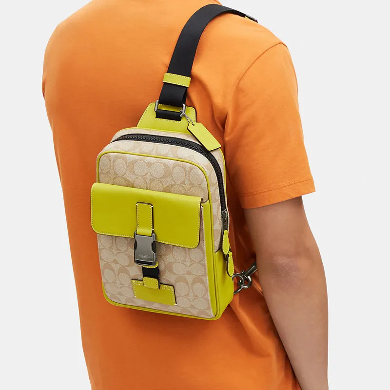 COACH Track Canvas With Calfskin One Shoulder Crossbody Fanny Pack Sling Bag Small Size Men's Light Khaki & Lemon-4