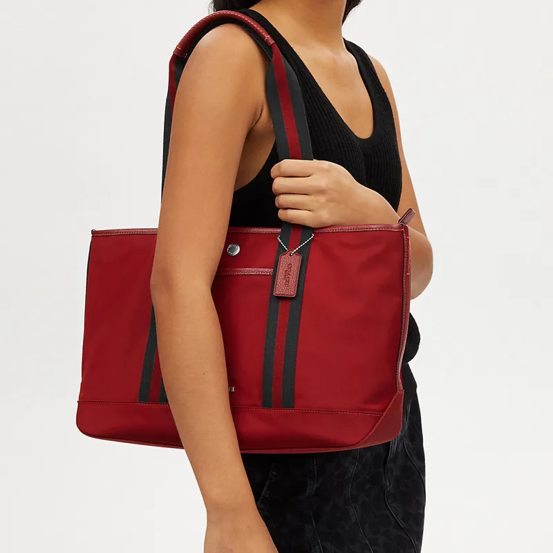 COACH Ellis Nylon Patchwork Pebbled Leather Tote Bag Shopping Bag Shoulder Bag Handbag Large Size Women's Red-3