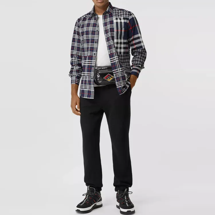 Burberry Check Spliced Square Collar Single-Breasted Shirt Dark Gray-1