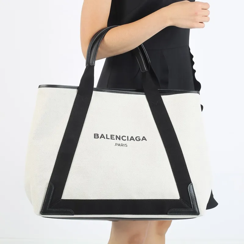 Balenciaga Cotton Canvas With Calfskin Tote Bag Shopping Bag Canvas Bag Handbags Medium Size Women's White-1