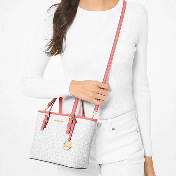 MICHAEL KORS Jet Set Travel Canvas Crossbody One Shoulder Handbags Mini Women's White Red Edges-3