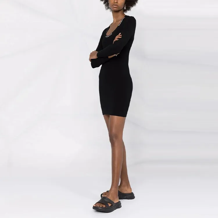 T By Alexander Wang Bodycon Ls Logo Jacquard Trim Scoop Neck Dress Black-3