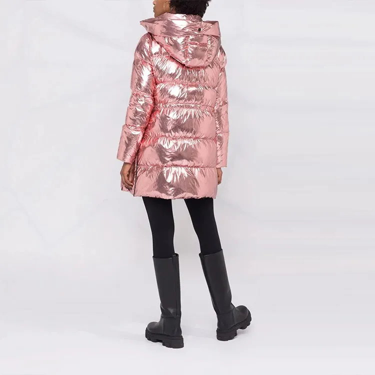PINKO Shiny Hooded Mid-Length Puffer Jacket Women's Pink-2