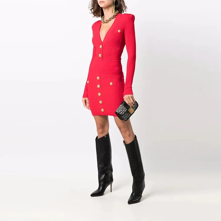 BALMAIN Long Sleeved Dresses Women's Red-1
