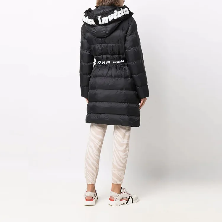 PINKO FW21 Solid Color Letters Hooded Mid-Length Puffer Jacket Women's Black-2