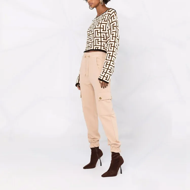 BALMAIN Cropped Off Shoulder Monogram Knit Top 'Noir/Blanc'-3
