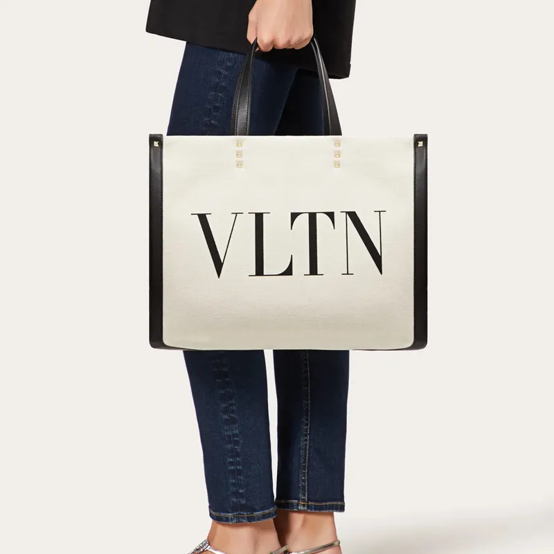 Valentino Canvas Tote Bag Shopping Bag Canvas Bag Handbags Small Size Women's Beige-3