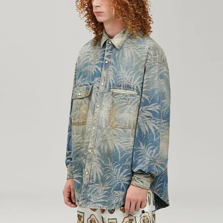 PALM ANGELS Palm-print Oversized Denim Shirt-4