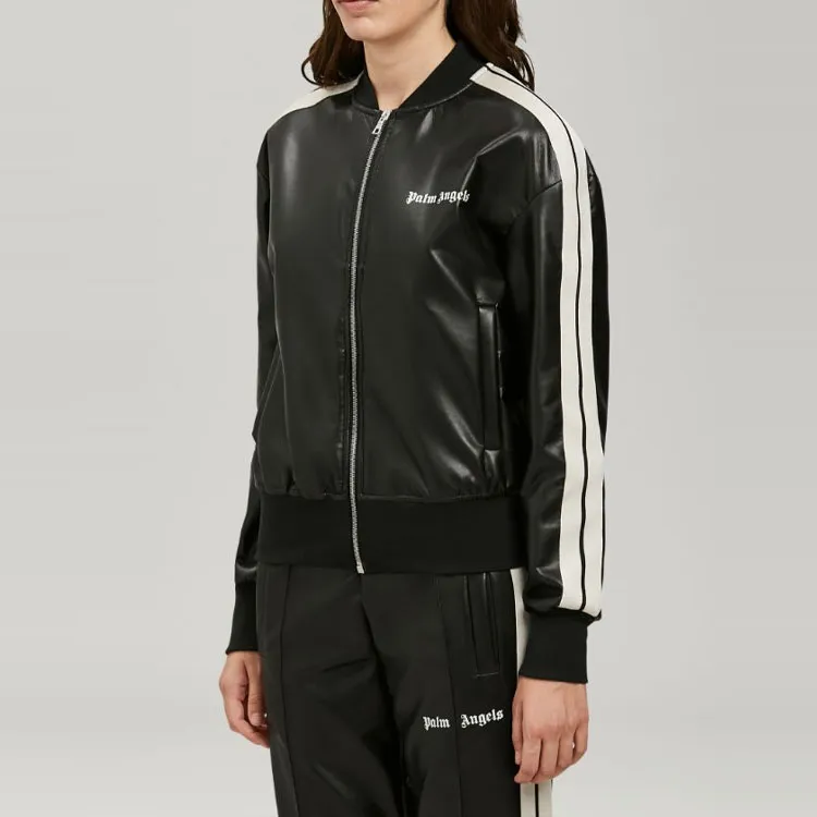 PALM ANGELS Women'ss Faux Leather Track Jacket Black/Off White-4