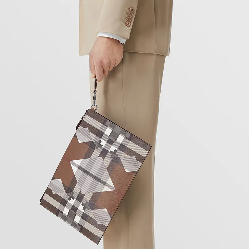 Burberry Large Geometric Check And Leather Zip Pouch 'Dark Birch Brown'-4