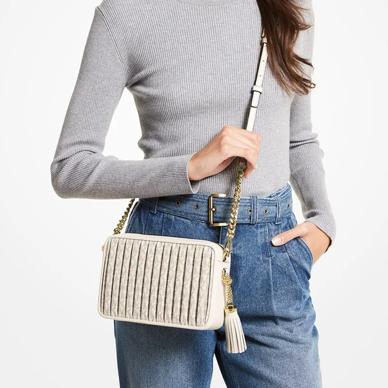 MICHAEL KORS Jet Set Charm Coated Canvas MK Shoulder Bag, Crossbody Bag Medium Size Women's Vanilla White With Cream-3