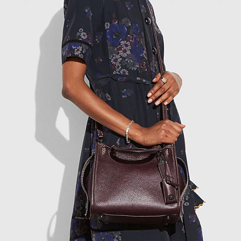 COACH Rogue Chrome Tanned Grain Leather Handbag Shoulder Bag Crossbody Bag Medium Size Women's Dark Deep Red-3