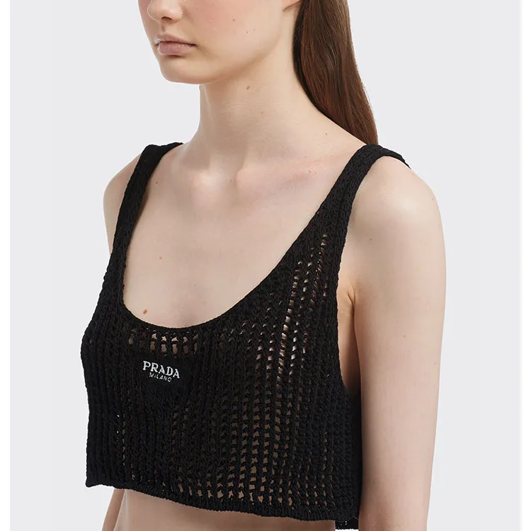 PRADA Openwork Cotton Crop Top Black-4