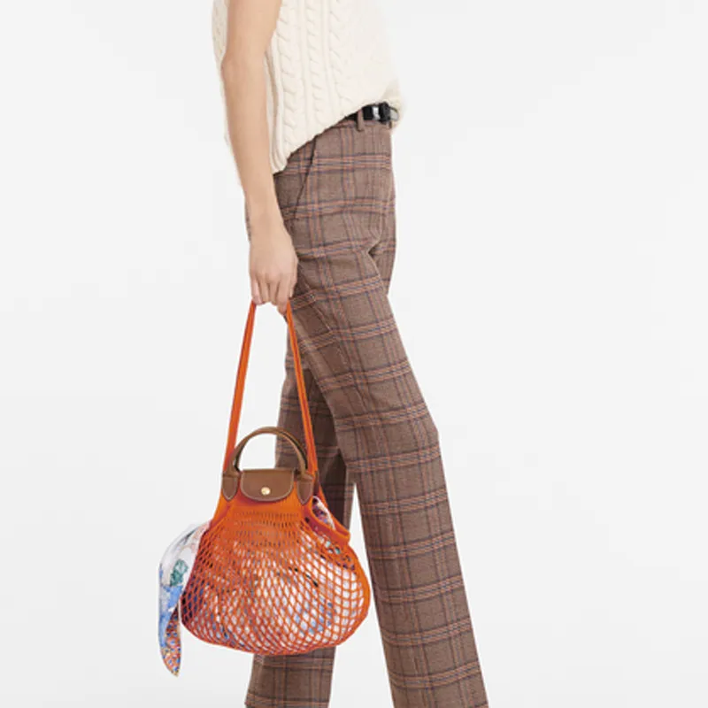 LONGCHAMP Le Pliage Filet Cow Leather Crossbody Bag Handbag Large Size Women's Orange-3