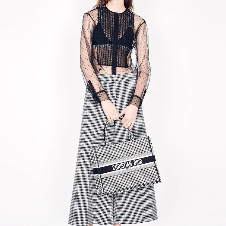 DIOR BookTote Embroidery Handbag Women's Black/White-5