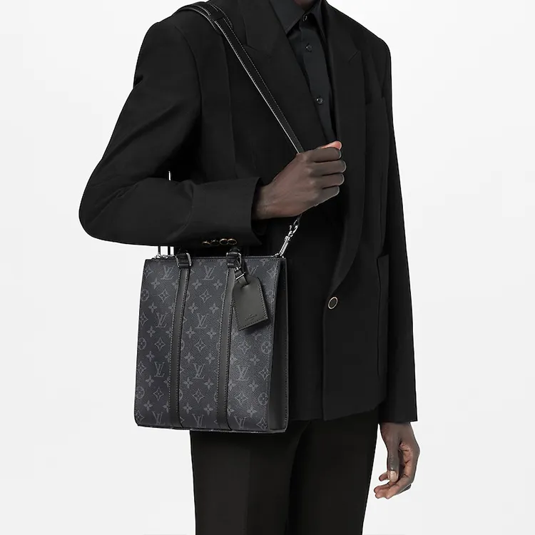 LOUIS VUITTON Sac Plat Coated Canvas Cow Leather Patchwork Trim Handbag Shoulder Bag Crossbody Bag Regular Men's Black-5