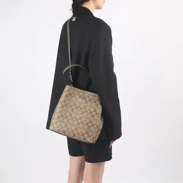 COACH Town Canvas With Leather Bucket Bag Handbag Shoulder Bag Crossbody Bag Medium Size Women's Khaki-4