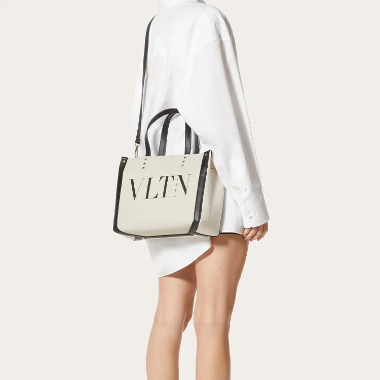Valentino VLTN Canvas Tote Bag Shopping Bag Shoulder Bag Crossbody Bag Handbag Mini Women's Beige-5