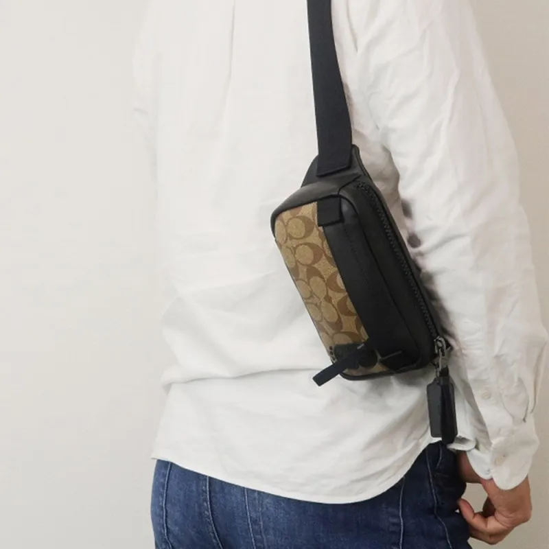COACH Edge Canvas With Leather Shoulder Bag, Crossbody Bag, Fanny Pack, Sling Bag Small Size Men's Khaki/Black-2