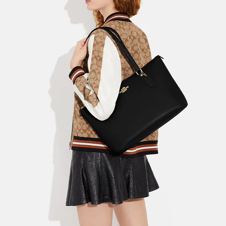 COACH Gallery Cross Grain Leather One Shoulder Handbags Large Size Women's Black-4