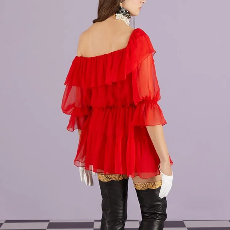 GUCCI Silk Chiffon Dress Red-4