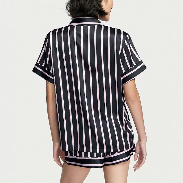 Victoria's Secret Satin Short Pajama Set Pajama Set Women's Black Background With Pink Stripes-2
