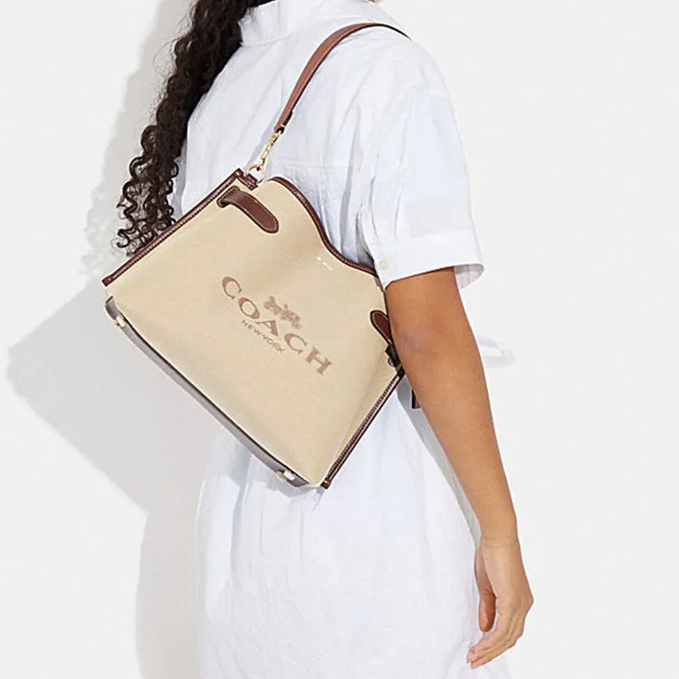 COACH Hanna Canvas Cow Leather Patchwork Shoulder Bag Portable Crossbody Bag Shoulder Bag Women's Khaki-4