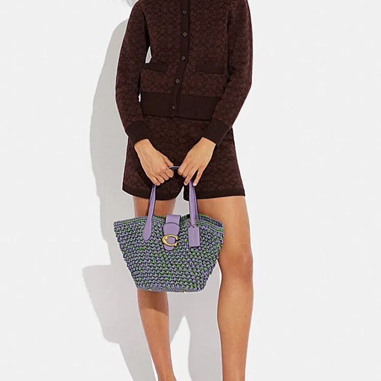 COACH Straw Woven With Leather Tote Bag Shopping Bag Basket Bag Handbag Shoulder Bag Women's Multicolor-5