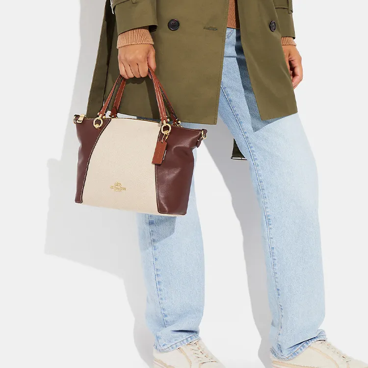 COACH Kacey Leather Briefcase Shoulder Bag Crossbody Bag Handbag Medium Size Women's Beige & Brown-3