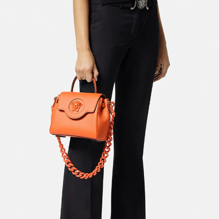 VERSACE La Medusa Cow Leather Shoulder Bag Crossbody Bag Handbag Small Size Women's Orange-4