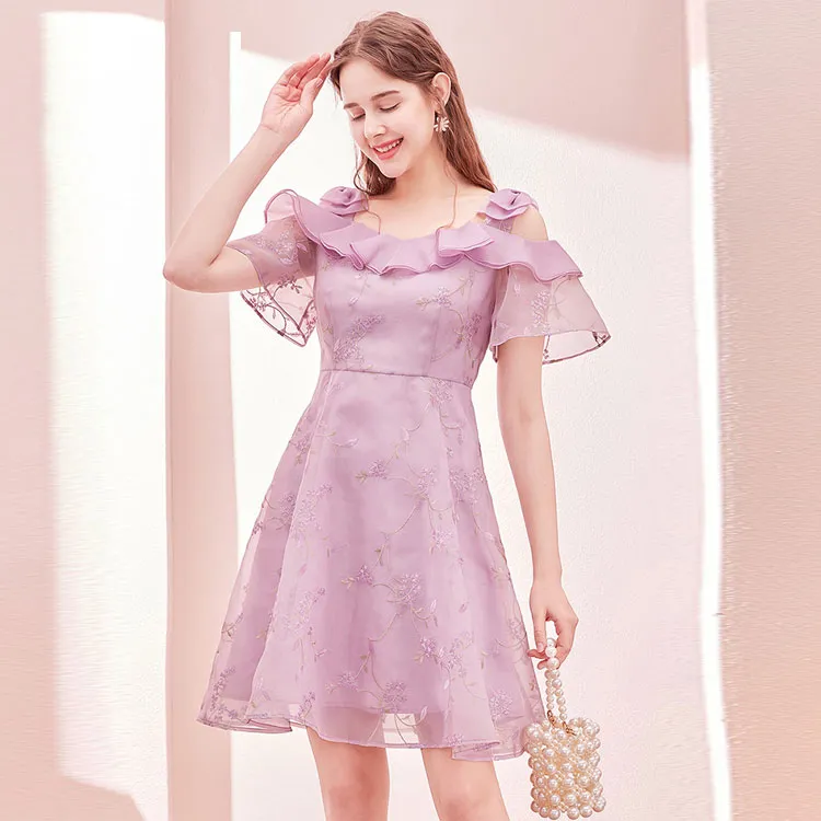 Tulip Taste Short Sleeved Dresses Women's Vine Purple Flower-3