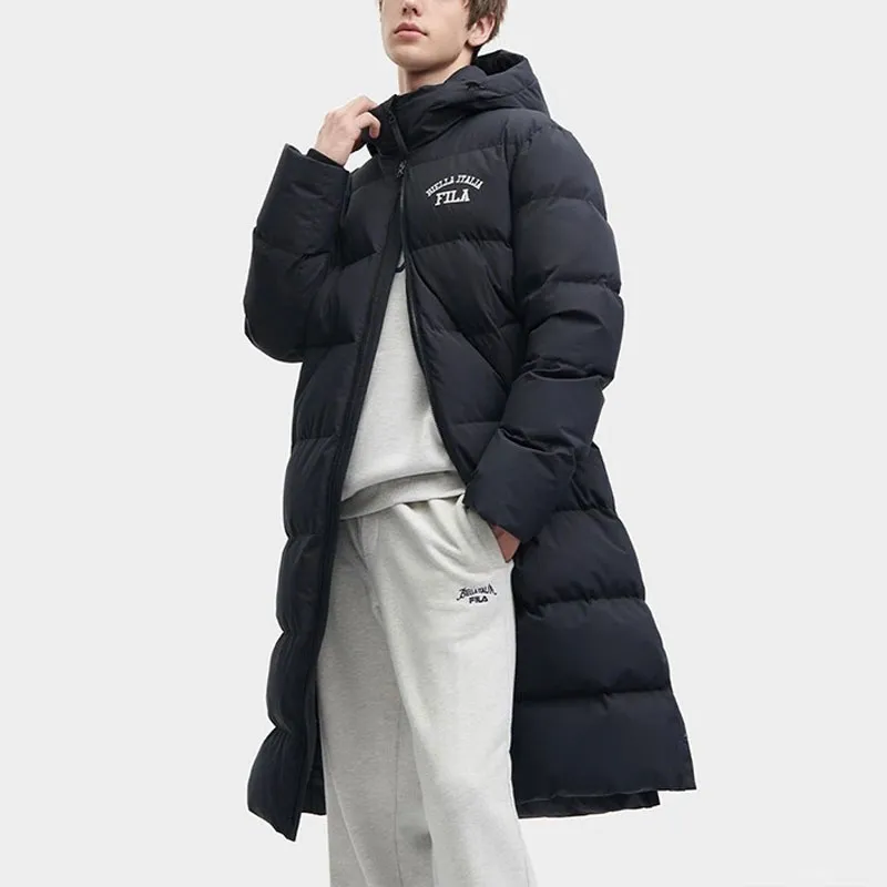 FILA Letter Print Hooded Long Down Jacket Black-5