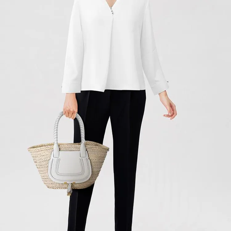 Chloe Marcie Raffia Grained Calfskin Basket Bag Handbag Mini Women's Beige/White-5