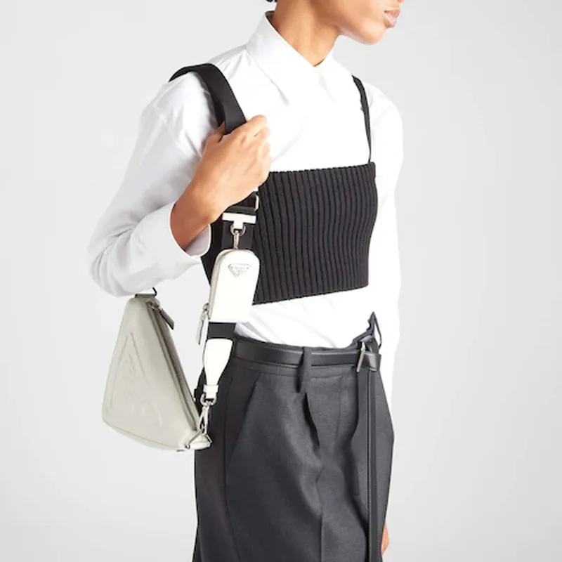 PRADA Triangle Leather Triangle Bag, Crossbody Bag, Shoulder Bag Men's White-4