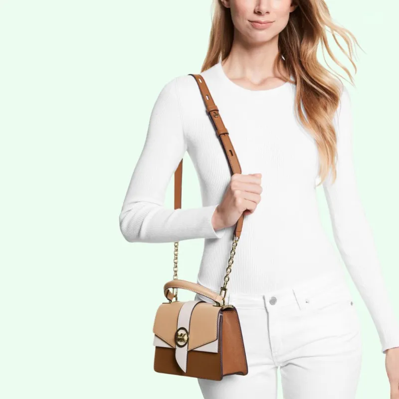 MICHAEL KORS Cow Leather Envelope Bag Crossbody Handbag Shoulder Bag Women's Walnut Brown Camel Milk White Multicolor-3
