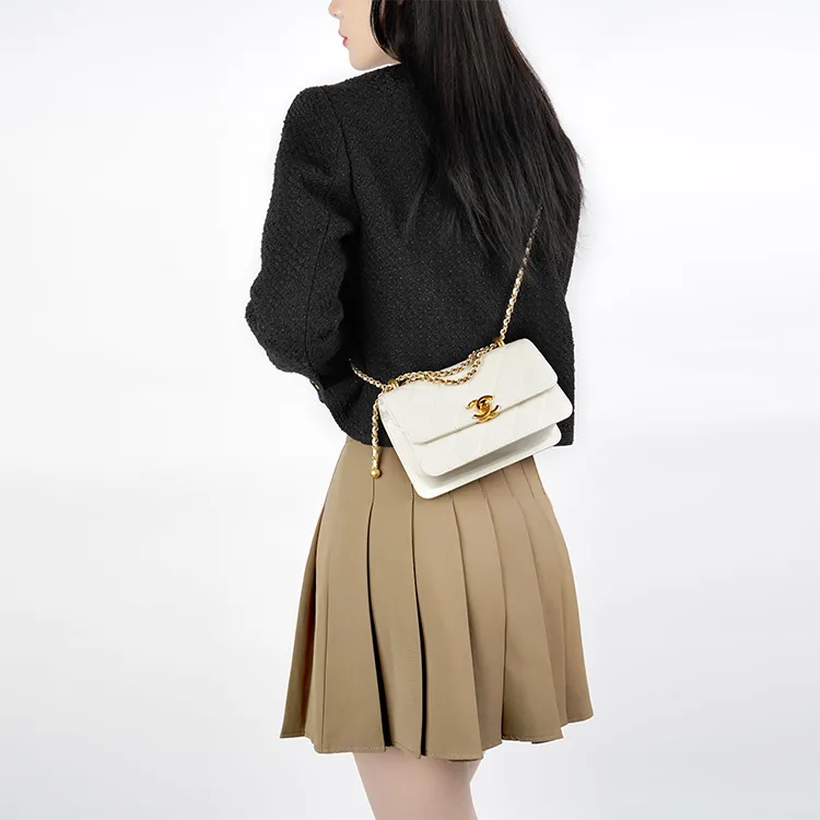 CHANEL 19Bag Calfskin Handbag, Shoulder Bag, Crossbody Bag Mini Women's White-6